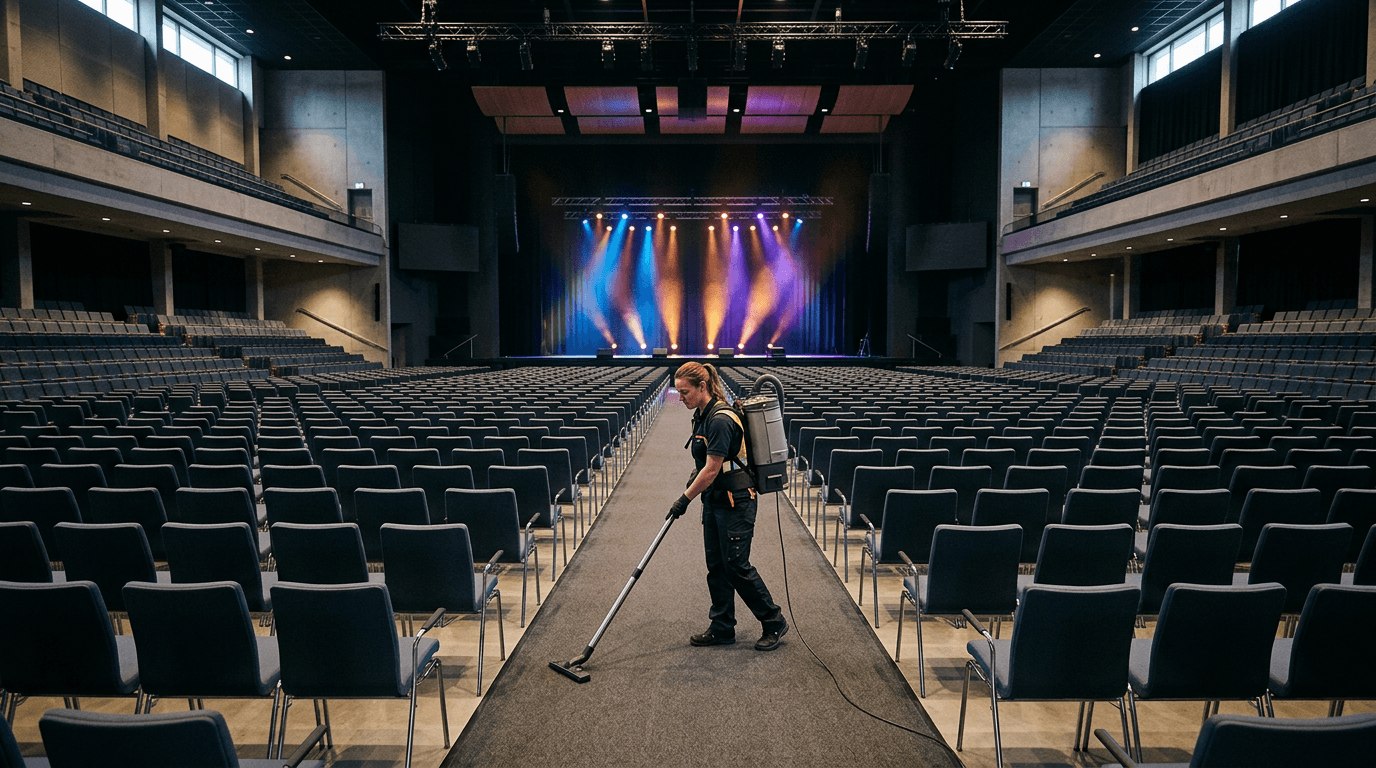 Large auditorium with rows of seats being professionally cleaned