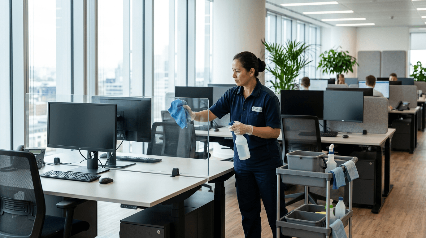 Professional cleaner wiping down glass desk partitions in a bright modern office
