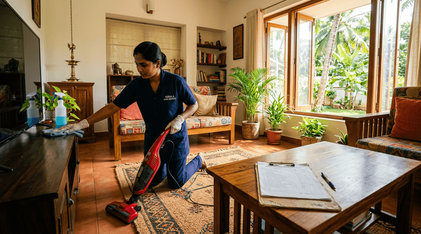 Professional cleaner deep cleaning a Kerala home living room with a checklist on the coffee table