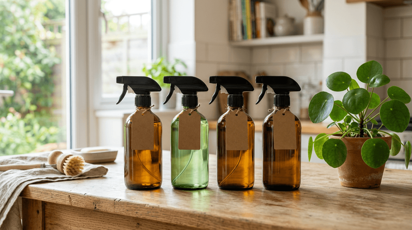 Eco-friendly cleaning products in reusable spray bottles on a kitchen counter