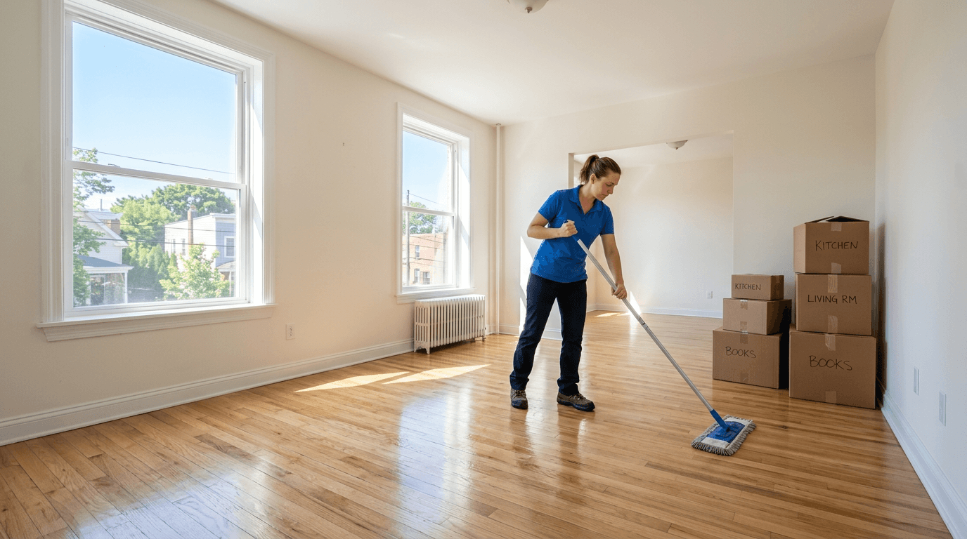 Empty apartment living room being mopped clean with moving boxes stacked in the corner