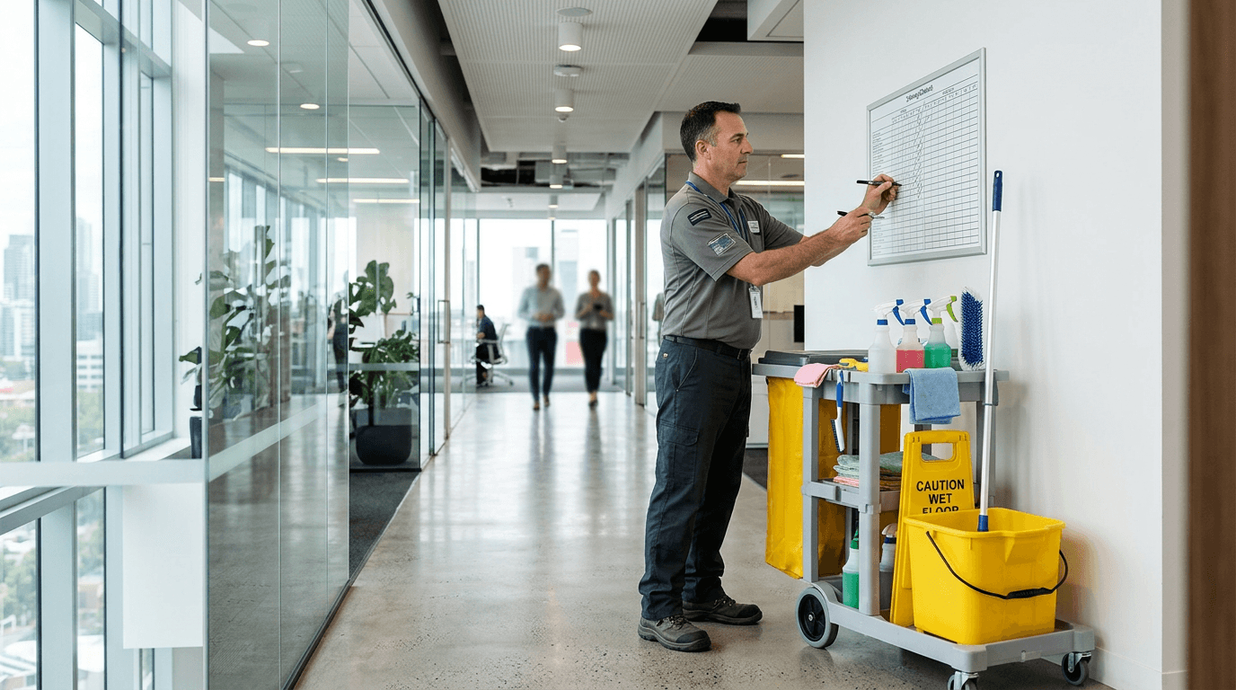 Office cleaner checking a wall-mounted cleaning schedule chart