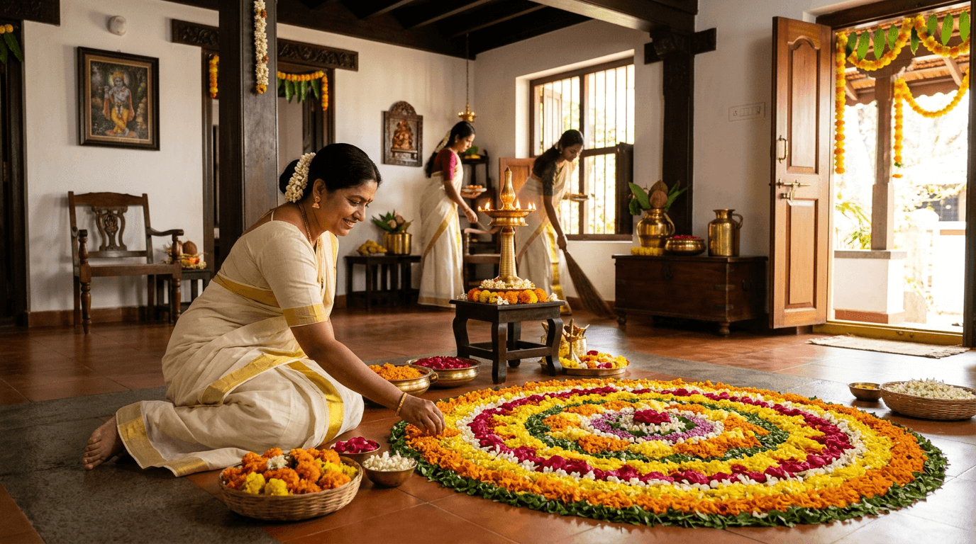 Kerala home decorated with a fresh pookalam flower arrangement for Onam
