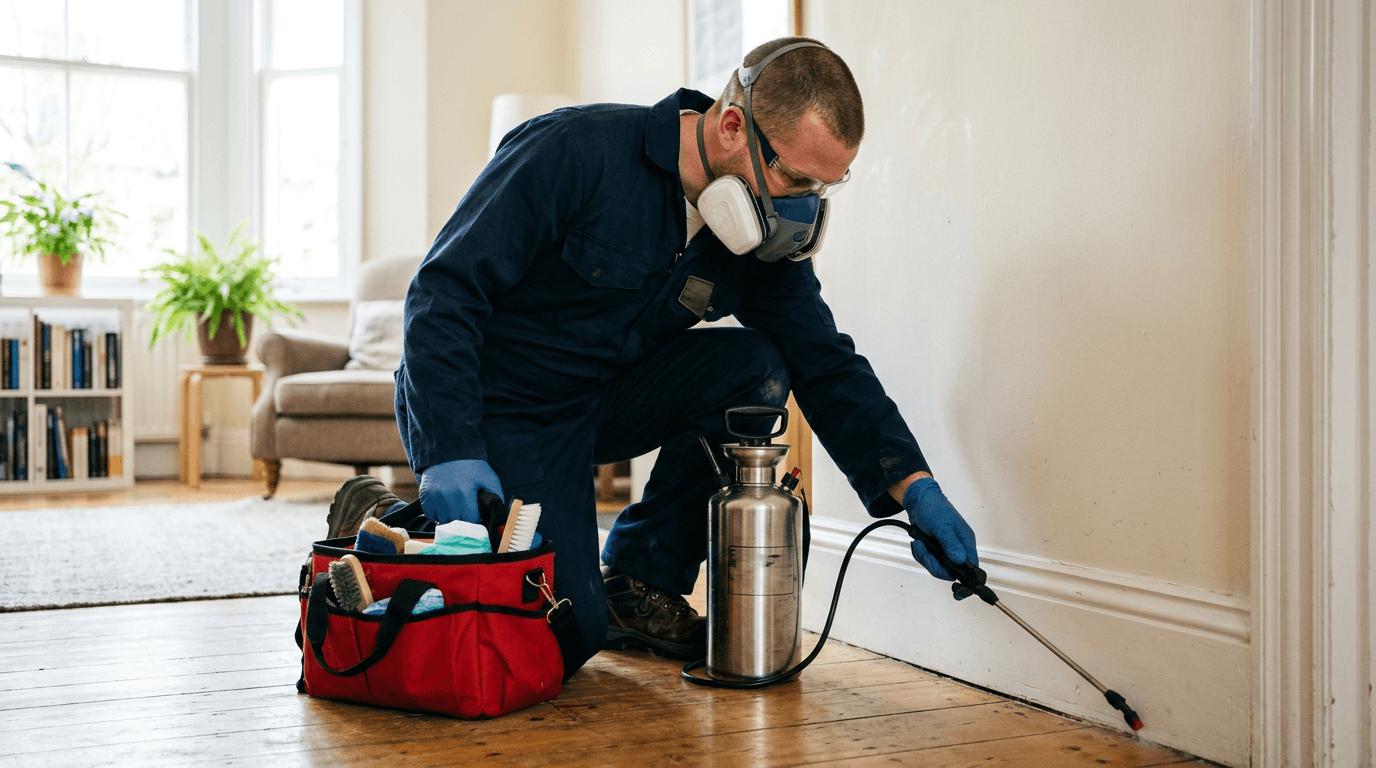 Pest control and cleaning technician working along a home skirting board