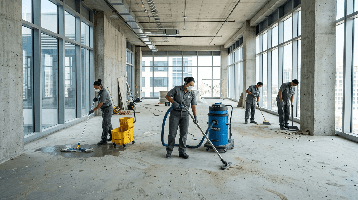Cleanup crew clearing dust and debris from a newly built interior space