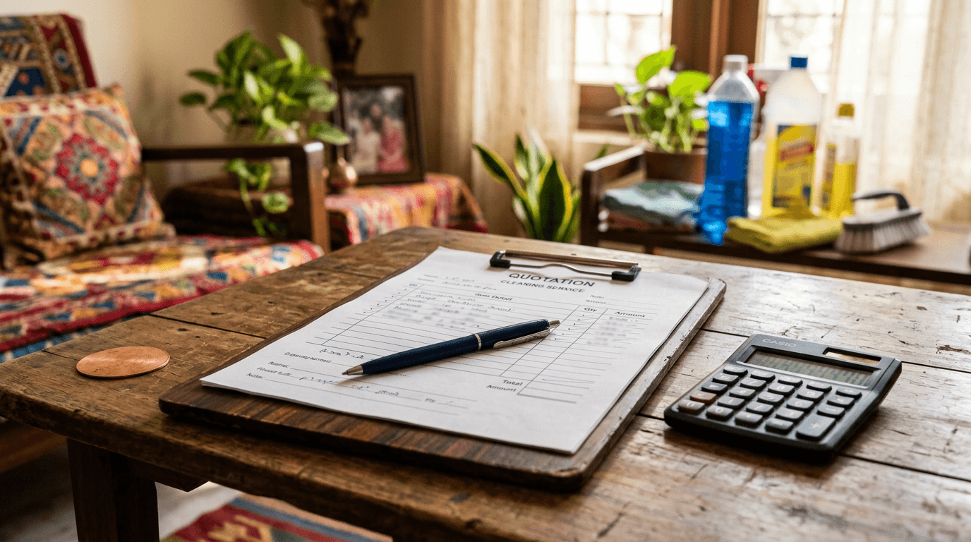Cleaning service quotation clipboard with a pen and calculator on a table