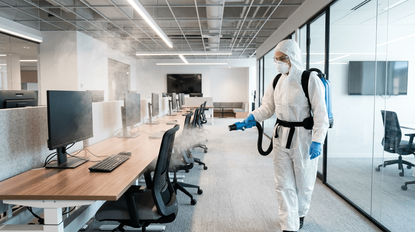 Technician in protective gear disinfecting a commercial office space with a sanitizing sprayer