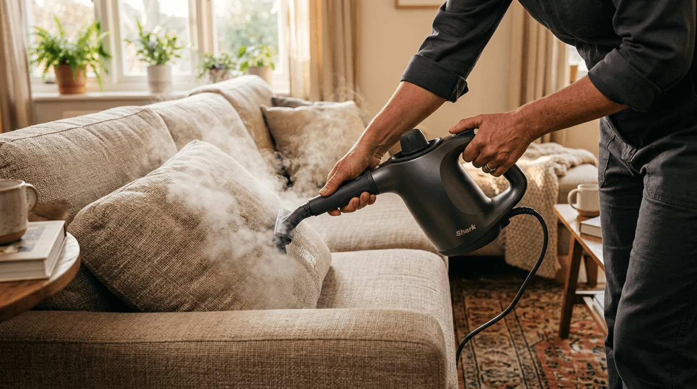 Handheld steam cleaner being used on a fabric sofa in a living room