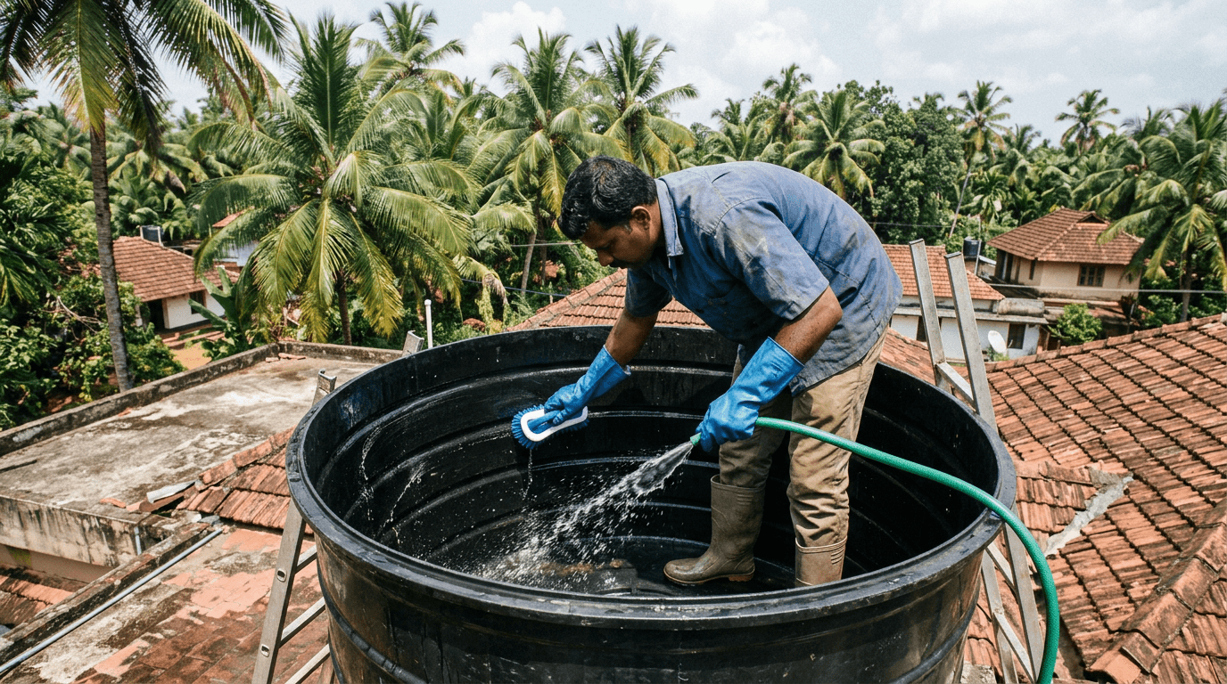 Technician cleaning a rooftop water storage tank in Kerala