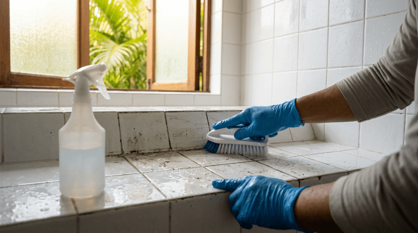 Gloved hands scrubbing bathroom tile grout with a brush and spray bottle