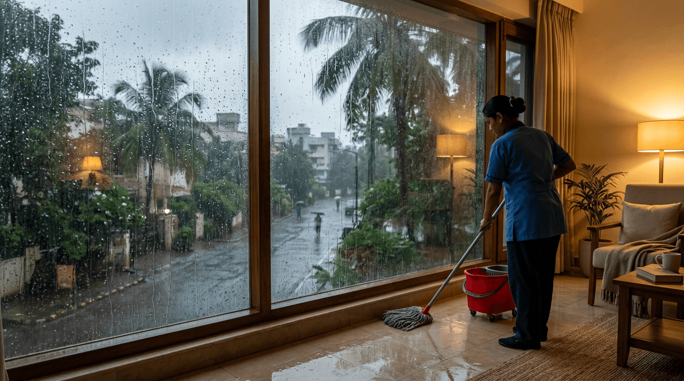 Cleaner mopping a tiled floor indoors during Kerala's monsoon season