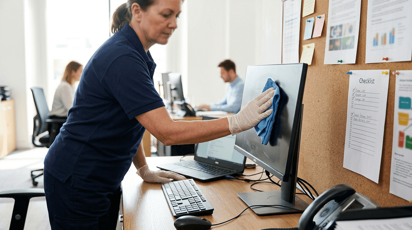 Cleaner wiping down an office desk and monitor with a checklist pinned nearby