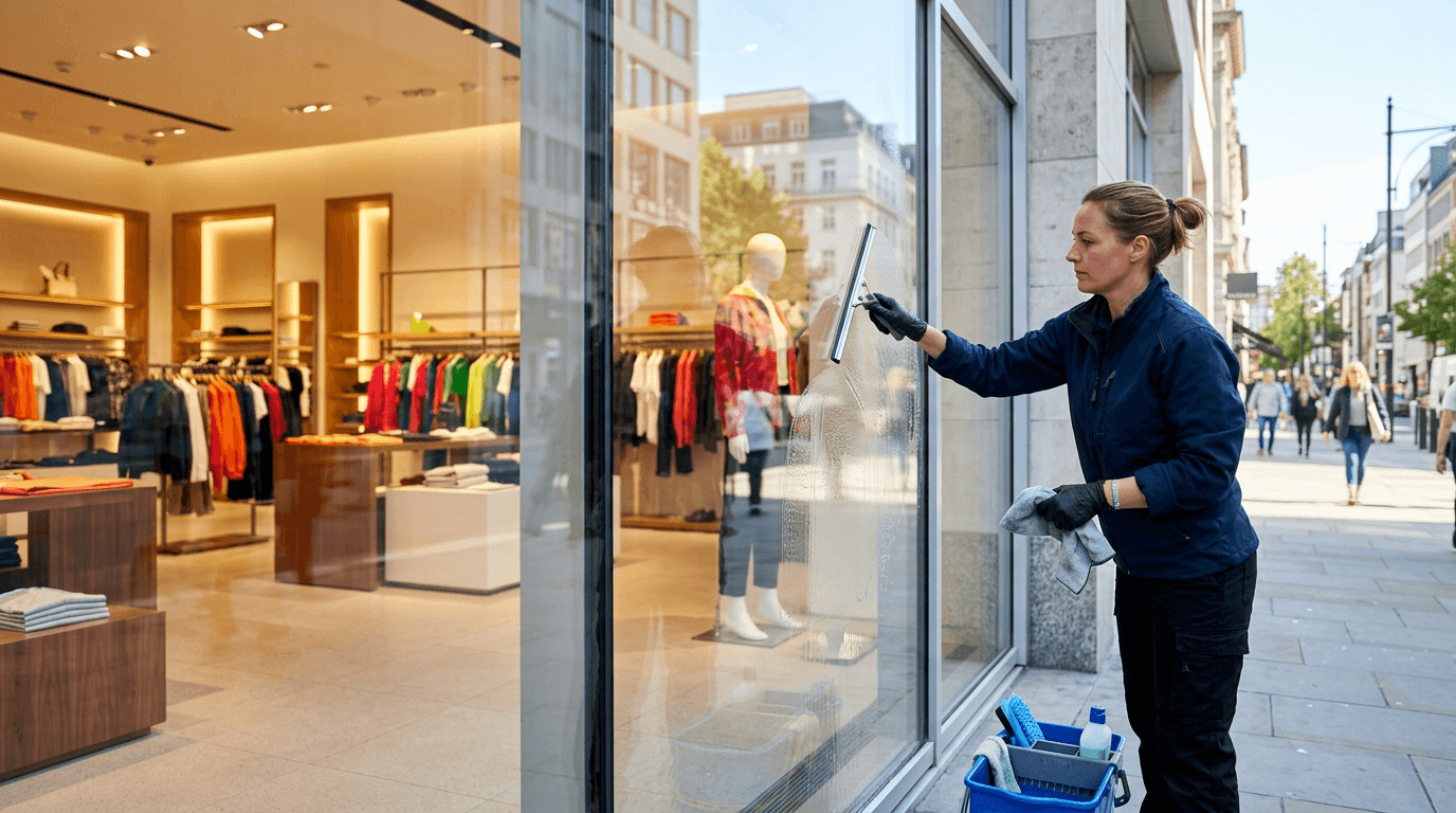 Cleaner polishing the glass storefront window of a retail showroom