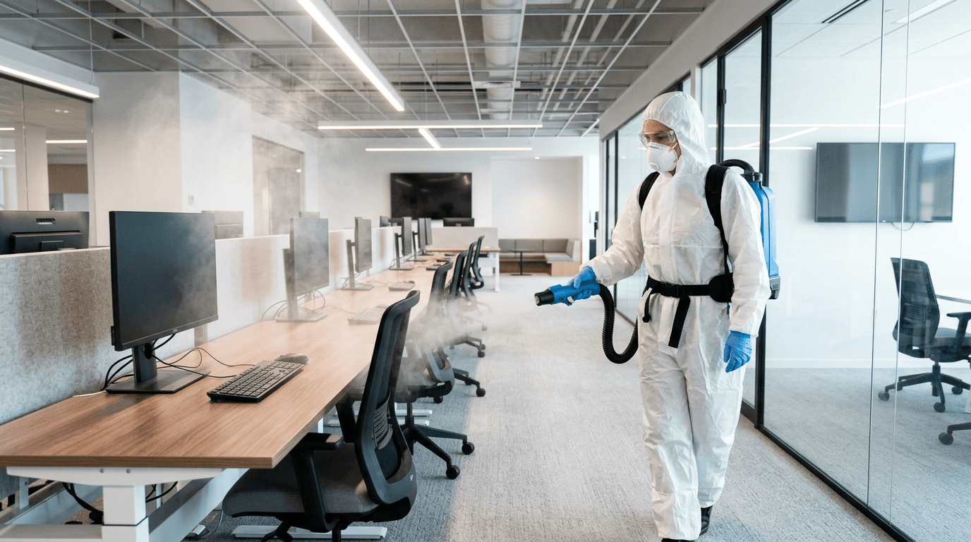 Technician in protective gear disinfecting a commercial office space with a sanitizing sprayer