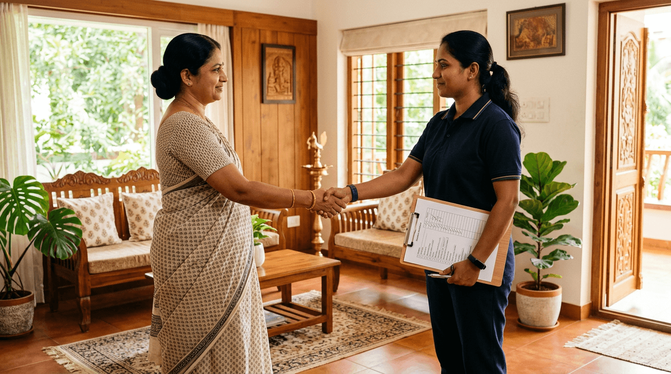 Cleaning company representative reviewing a checklist with a homeowner in a bright Kerala living room